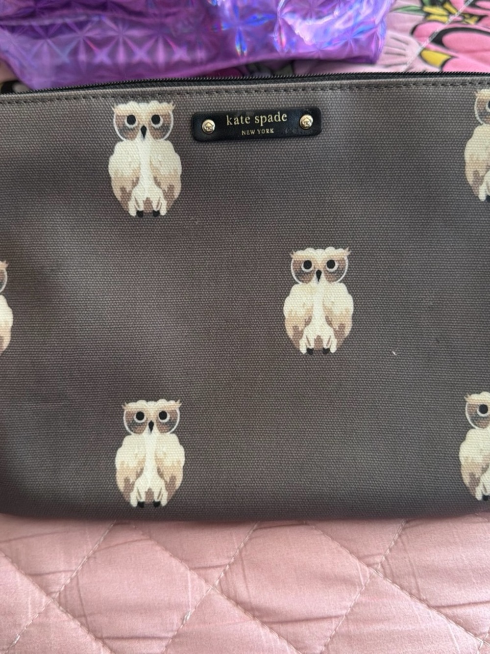 kate spade Canvas Clutch with Owl Print - Taupe and Cream Accents